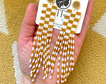 Long Checkerboard Beaded Fringe Earrings / Seed Bead Earrings / Geometric Statement Earrings / Mustard and White Checker Earrings Fringe