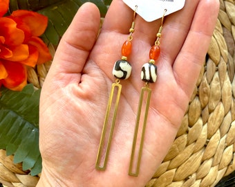 Long Geometric African Bone Bead Pendant Earrings / Long Beaded Summer Statement Earrings / Orange and Gold Stick Earrings / Boho Earrings