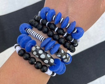 African Beaded Bracelets / Ethnic Bracelets / Blue Black White Bracelets / Colorful Boho Stretch Bracelets / Unique Statement Bracelets