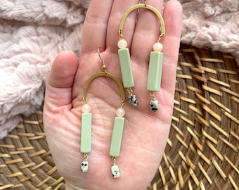 Brass Arch Dangle Earrings: Peach Chalcedony, Dalmatian Jasper, Lucite Beads