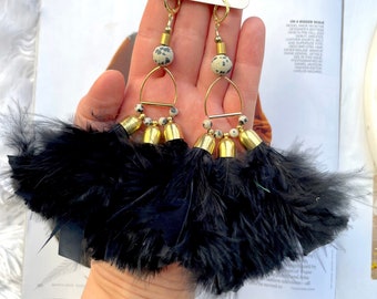 Large Black Feather Statement Earrings / Big Feather Dangle Earrings / Dalmatian Jasper Earrings / Large Art Deco Special Occasion Earrings