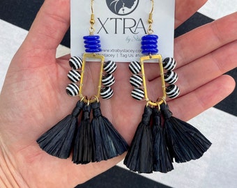 Large Black Tassel Earrings / Cobalt Blue Bead Earrings / Dramatic Earrings / Bold Earrings /  Festive Colorful Artisan Dangle Earrings