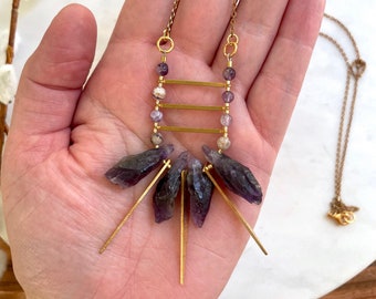 Amethyst Spike Perlen Lange Leiter Halskette / Lange Lila Gold Edelstein Halskette / Geburtsstein Schmuck Geschenk für Sie / Boho Statement Halskette