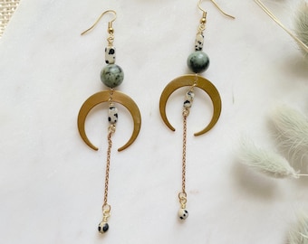 Long Boho Crescent Moon Arch Earrings / Brass Arch Statement Earrings / Gemstone Earrings / Turquoise / Dalmatian Jasper / Gold Tone Earring