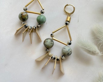 Large Turquoise Beaded Brass Spike Statement Earrings / Big Unique Gemstone Dangle Earrings / Bohemian Statement Jewelry / Bohemian Earrings