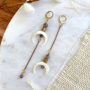 Lange Halbmondohrringe: Chevron Amethyst, Muschel Boho Ohrringe