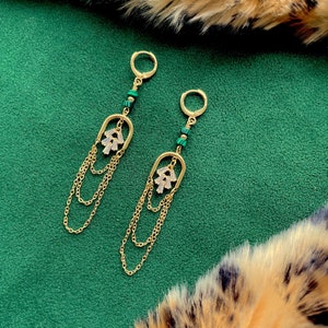 Art Deco Party Earrings / Gold Arch Earrings / Chain Earrings / Malachite / Green / Chandelier Arch Statement Earrings / Christmas Earrings image 2