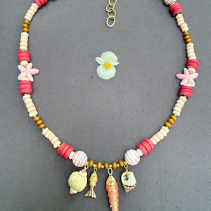 Pink Coastal Charm Necklace, Long Beaded Necklace, Beach Jewelry, Coral, Starfish Charm Necklace, Fish Charm Necklace, Seashell Jewelry