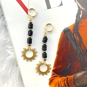Black Beaded Sunburst Dangle Earrings: Art Deco Brass Pendants