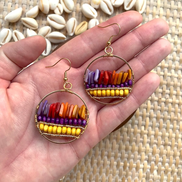 Wire Wrapped Sunset Hoop Earrings / Wire Wrapped Drop Earrings / Seed Bead Dangle Earrings / Wire Wrapped Jewelry Hoop Earrings Gold / Gift