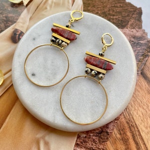 Large Gold Geometric Jasper Hoop Earrings / Bohemian Gemstone Dangle Hoop Earrings / Red Jasper / Dalmatian Jasper / Brass Boho Hoop Earring