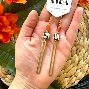 Long Geometric African Bone Bead Pendant Earrings / Long Beaded Summer Statement Earrings / Orange and Gold Stick Earrings / Boho Earrings