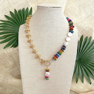 Rainbow Mother of Pearl & Freshwater Pearl Necklace: Gold Chain Toggle Clasp