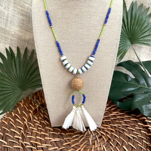 Long Seed Bead Tassel Necklace / Colorful Tropical Summer Statement Pendant Necklace / Cobalt Blue / Lime Green / African Beaded Necklace