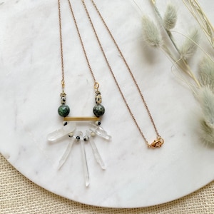 Boho Turquoise & Quartz Pendant Necklace: Dalmatian Jasper, Long Chain