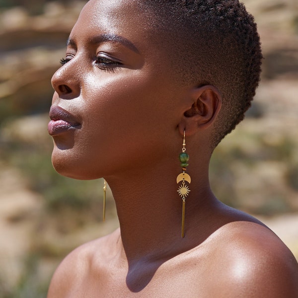 Small Celestial Olive Jade Statement Drop Earrings / Long Linear Star Dangle Earrings / Gold Brass Earth Tones / Olive Jade / Tigers Eye