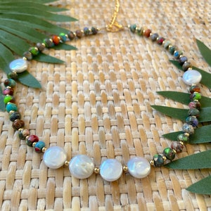 Rainbow Jasper & Freshwater Pearl Choker: Colorful Beaded Necklace