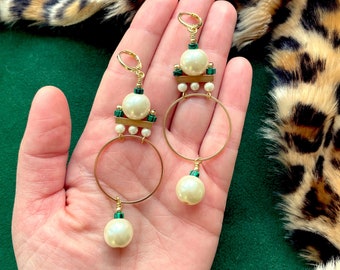 Art Deco Malachite Pearl Gold Hoop Earrings / Christmas Statement Hoop Earrings / 1920s Vintage Inspired Earrings / New Years Eve Earrings