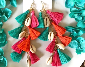 Long Tassel Earrings / Raffia Tassel Earrings / Cowrie Shell Earrings / Seashell Statement Earrings / Colorful / Multicolor / Gifts for Her