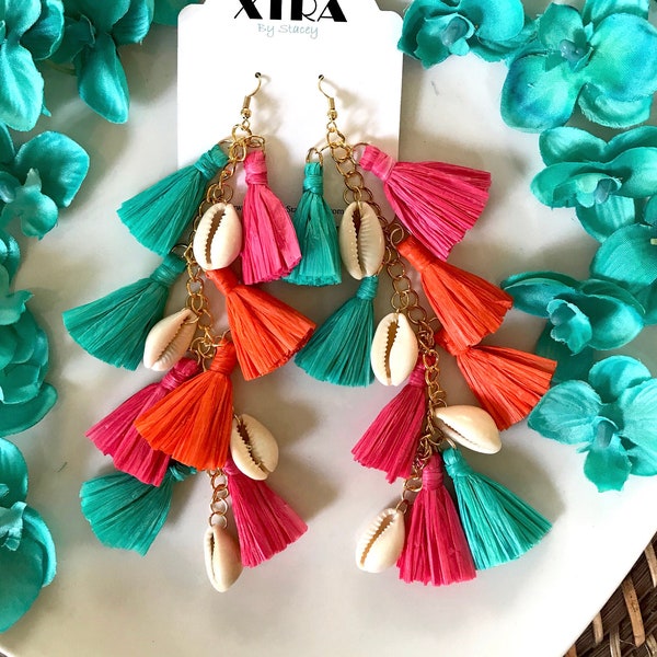 Long Tassel Earrings / Raffia Tassel Earrings / Cowrie Shell Earrings / Seashell Statement Earrings / Colorful / Multicolor / Gifts for Her