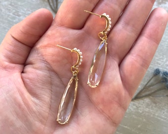 Crystal Bridesmaid Earrings / Bridal Earrings / Pearl Rhinestone Linear Drop Earrings / Long Crystal Dangle Earrings / Bridesmaid Gift