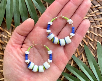 Colorful African Beaded Hoop Earrings / Unique Boho Statement Hoops / Cobalt Blue Hoop Earrings / Bohemian Jewelry Gift for Her / Seed Bead