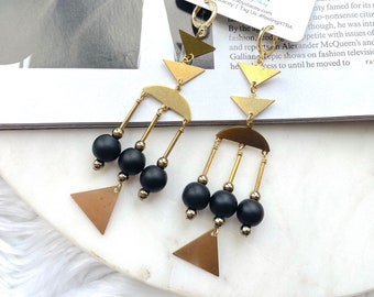 Black Onyx Geometric Chandelier Earrings / Large Black Brass Triangle Dangle Earrings / Art Deco Statement Earrings / Large Boho Earrings