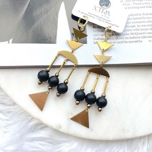 Black Onyx Dangle Earrings: Brass Geometric Art Deco Earrings