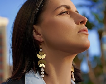 Long Moon Phase Earring Gold / Brass Geometric Boho Earring / Beaded Moon Statement Earrings / Jewelry Gift Under 30 / Unique Bohemian Style