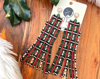 Christmas Tartan Plaid Seed Bead Fringe Earrings / Christmas Party Earrings / Large Holiday Statement Earrings / Plaid Earrings / Handmade