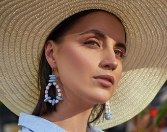 Chunky Beaded Hoop Earrings Blue and White / Summer Statement Earrings / Boho Teardrop Beaded Hoop Earrings / Large Teardrop Hoop Earrings