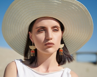 Orange Agate Summer Statement Earrings / Half Moon Chandelier Earrings / Vacation Earrings / Large Beaded Dangle Earrings / Boho Earrings