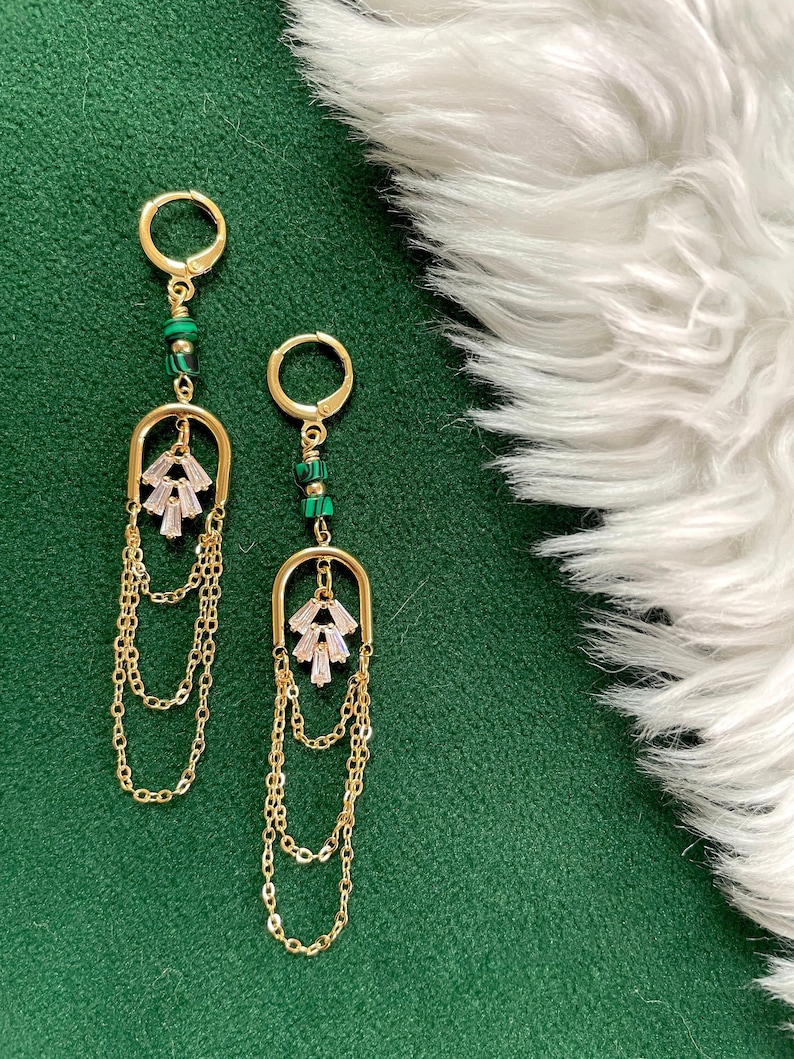 Art Deco Party Earrings / Gold Arch Earrings / Chain Earrings / Malachite / Green / Chandelier Arch Statement Earrings / Christmas Earrings image 4