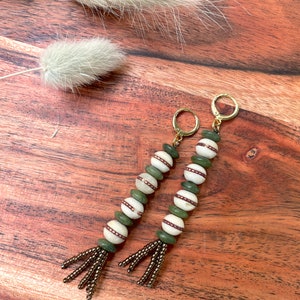 Olive Green Brown Seed Bead Tassel Earrings / Mala Bead Tassel Earrings / Bone Bead / Olive Jade / Unique Statement Drop Earrings / Bohemian image 4