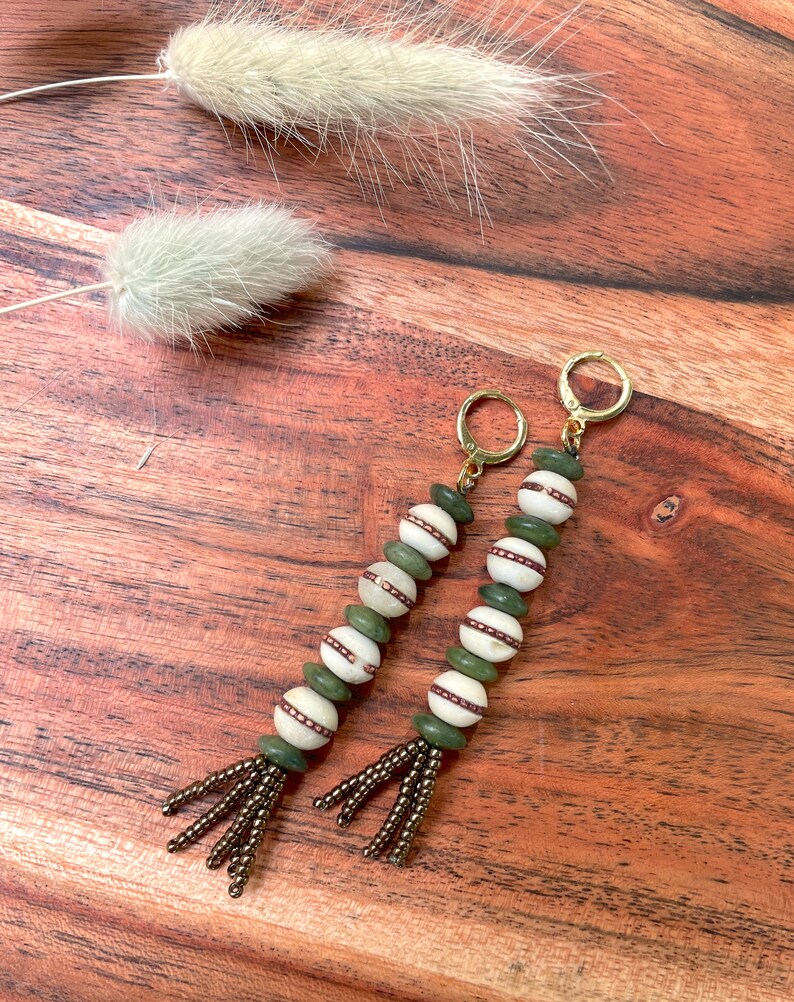 Olive Green Brown Seed Bead Tassel Earrings / Mala Bead Tassel Earrings / Bone Bead / Olive Jade / Unique Statement Drop Earrings / Bohemian image 4