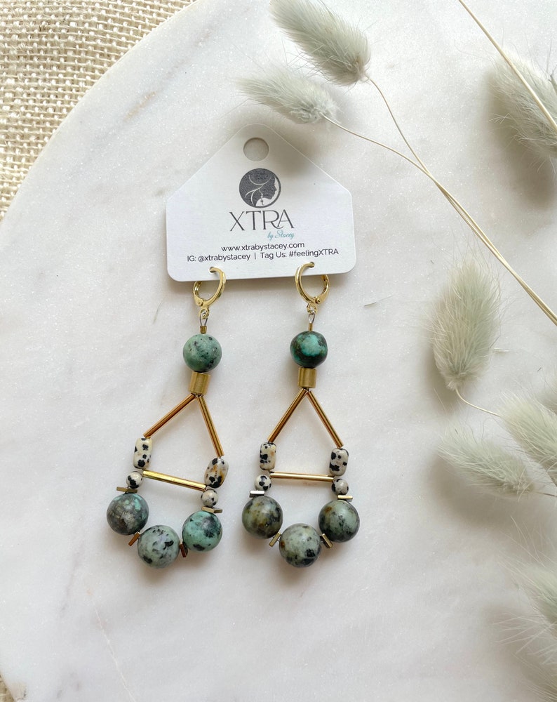 Large Beaded Turquoise Bohemian Earrings / Big Gemstone Teardrop Dangle Earrings / Bohemian Statement Jewelry / Long Unique Boho Earrings image 3