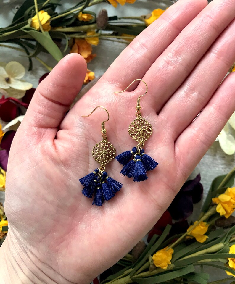 Navy Blue Tassel Earrings / Filigree Earrings / Small Tassel Etsy