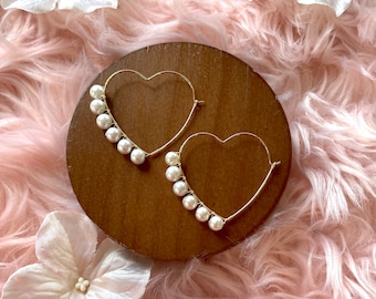 Heart Shaped Hoop Earrings Gold / Beaded Pearl Heart Earrings / Mother’s Day Gift for Her / Heart Shaped Wire Hoops / Wire Wrapped Hoops