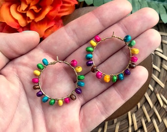 Rainbow Beaded Hoop Earrings / Small Wire Wrap Hoop Earrings / Seed Bead Hoops / Small Colorful Statement Earrings / Gift for Her Under 20