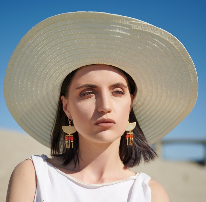 Orange Agate Summer Statement Earrings / Half Moon Chandelier Earrings / Vacation Earrings / Large Beaded Dangle Earrings / Boho Earrings image 1