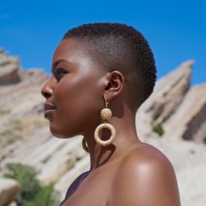 Natural Brown Hemp Hoop Dangle Earrings / Neutral Brown Boho Hoop Earrings / Earth Tones Statement Earrings / Tigers Eye Earrings / Bohemian image 3