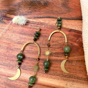 Olive Jade Celestial Arch Statement Earrings / Beaded Moon and Stars Earrings / Large Boho Geometric Earrings / Tigers Eye / Chandelier image 6