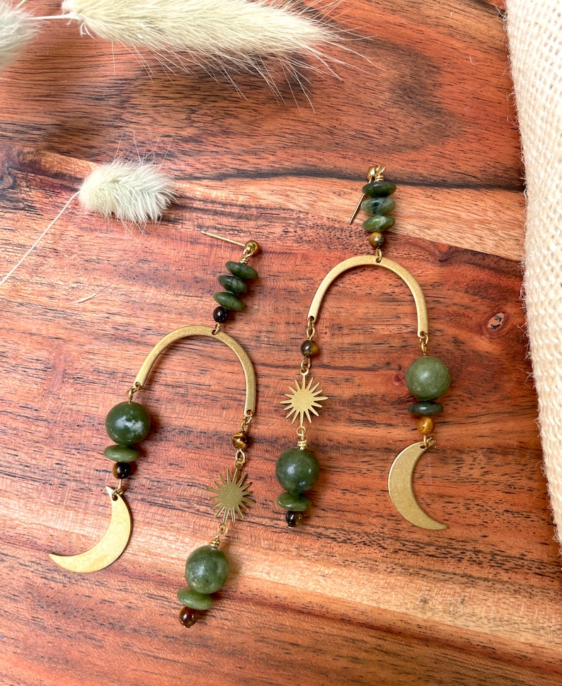 Olive Jade Celestial Arch Statement Earrings / Beaded Moon and Stars Earrings / Large Boho Geometric Earrings / Tigers Eye / Chandelier image 6