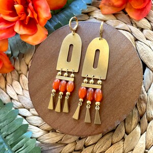 Orange Brass Chandelier Statement Earrings / Large Gold Dangle Earrings / Orange Agate Beaded Statement Earrings / Summer Earrings for Her image 2