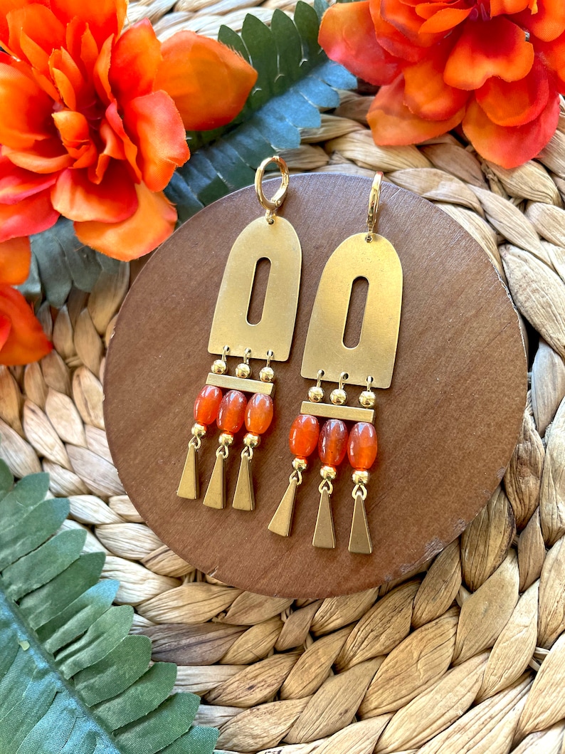 Orange Brass Chandelier Statement Earrings / Large Gold Dangle Earrings / Orange Agate Beaded Statement Earrings / Summer Earrings for Her image 2