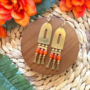 Orange Brass Chandelier Statement Earrings / Large Gold Dangle Earrings / Orange Agate Beaded Statement Earrings / Summer Earrings for Her image 6