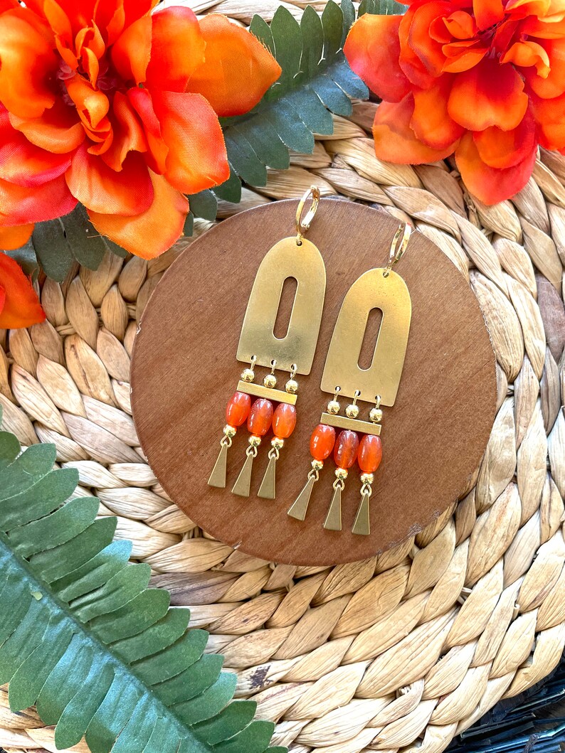 Orange Brass Chandelier Statement Earrings / Large Gold Dangle Earrings / Orange Agate Beaded Statement Earrings / Summer Earrings for Her image 6