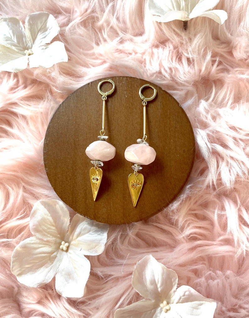 Long Evil Eye Heart Dangle Earrings Rose Quartz Beaded Dangle Earrings with Gold Heart Charm Statement Earrings Mother/'s Day Gift