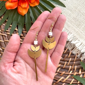 Brass Geometric Half Moon Statement Earrings / White and Gold Beaded Linear Drop Earrings / Small Gold Statement Earrings / Neutral Dangle image 2