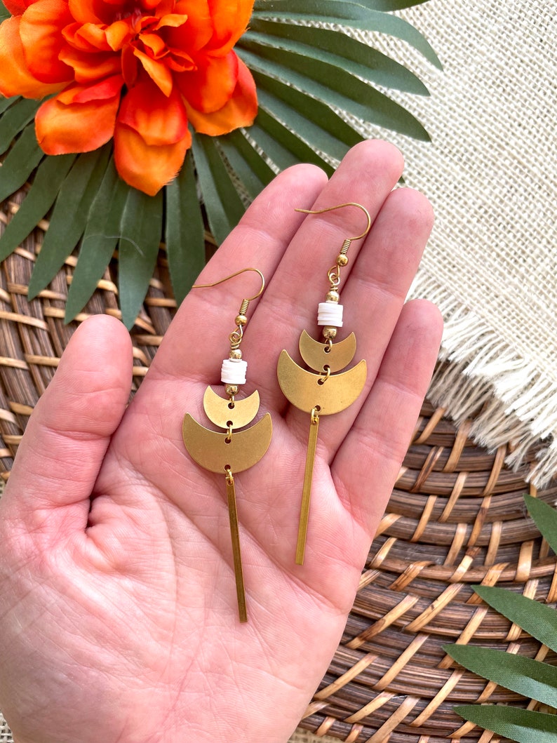 Brass Geometric Half Moon Statement Earrings / White and Gold Beaded Linear Drop Earrings / Small Gold Statement Earrings / Neutral Dangle image 2